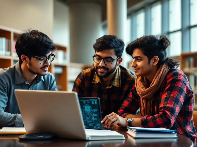 Young Indian engineering students collaborating in a modern library, looking at a laptop with circuit diagrams.