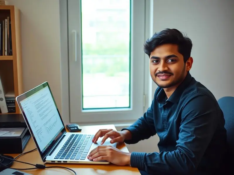 Young Indian graduate at a tidy home desk preparing for a semiconductor job interview.