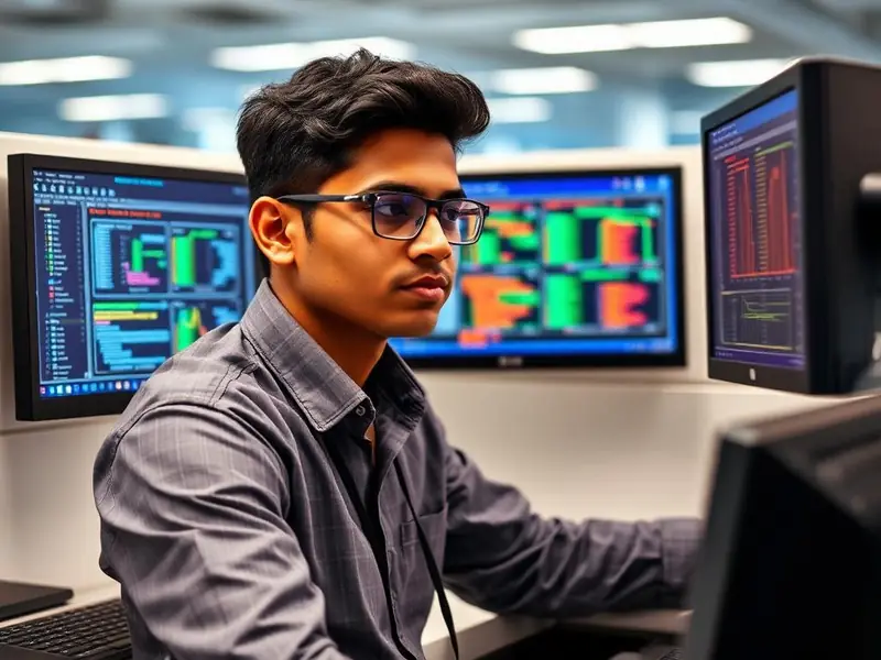 Young Indian electronics engineer in a modern office working on verification/testing software.