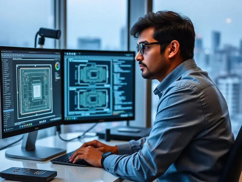 Indian electronics engineer at a modern desk with dual monitors showing chip layout and code.