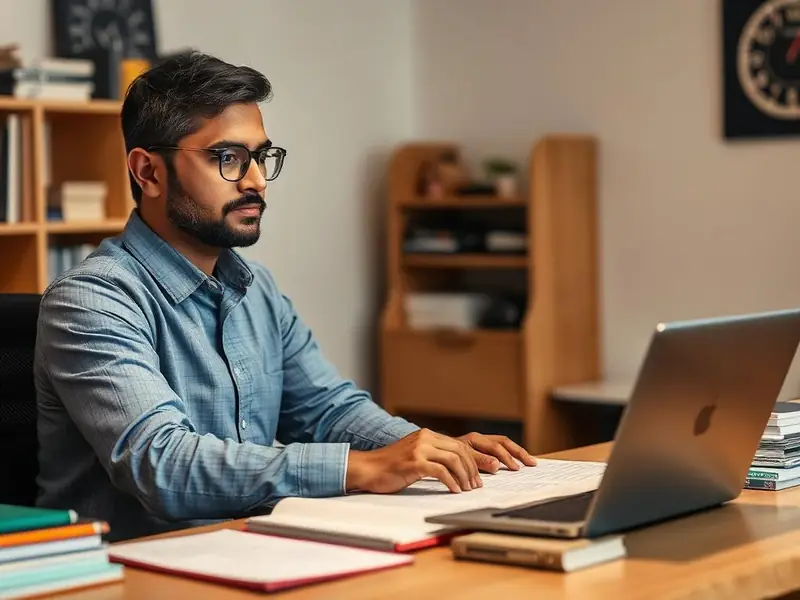 Indian software/IT professional transitioning to a semiconductor career at a clean home office desk.
