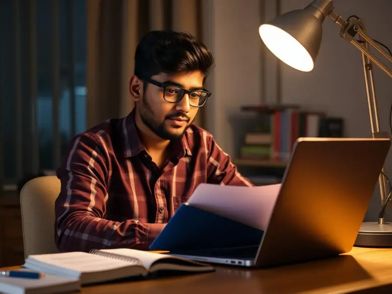 Motivated Indian professional studying late evening with laptop and semiconductor reference books.