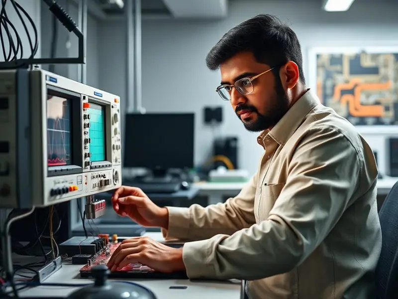 Indian analog/mixed-signal design engineer working in a high-tech lab with an advanced oscilloscope.