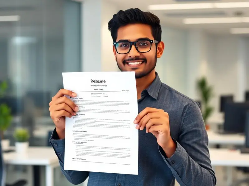 Confident Indian engineering professional holding a resume and preparing for a technical interview.