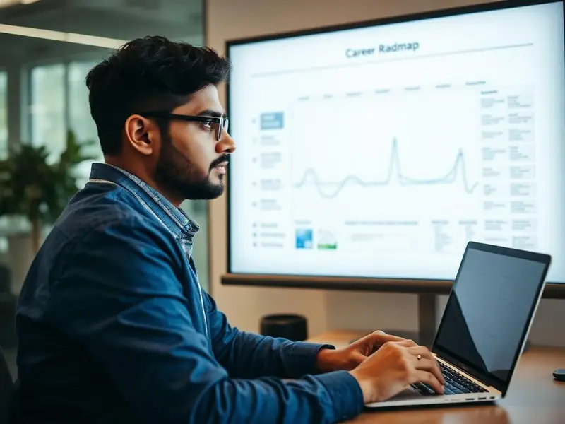 Ambitious Indian semiconductor engineer looking at a career roadmap on a large screen.