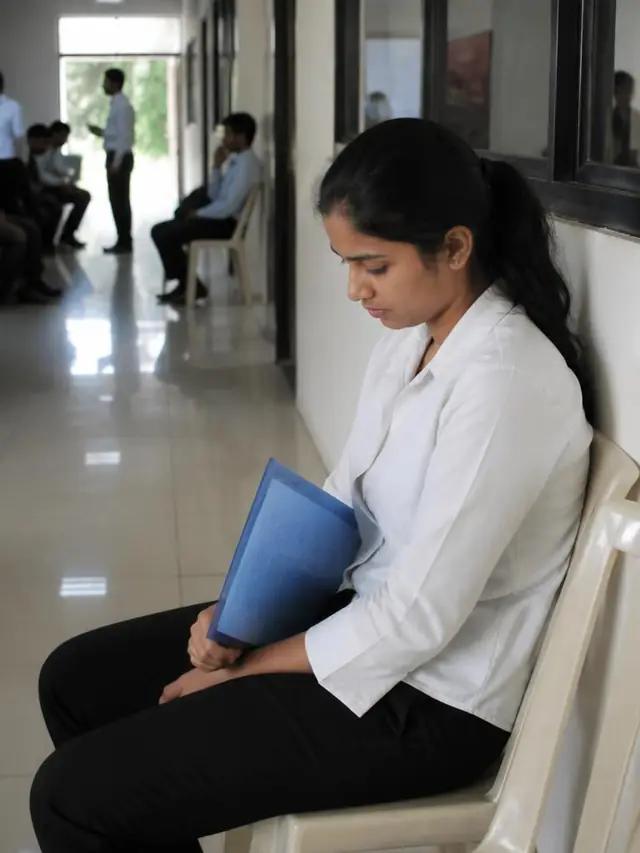 Fresh graduate waiting outside an interview room holding her documents folder