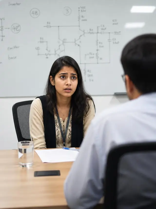 Candidate looking anxious during a technical interview in front of a circuit whiteboard