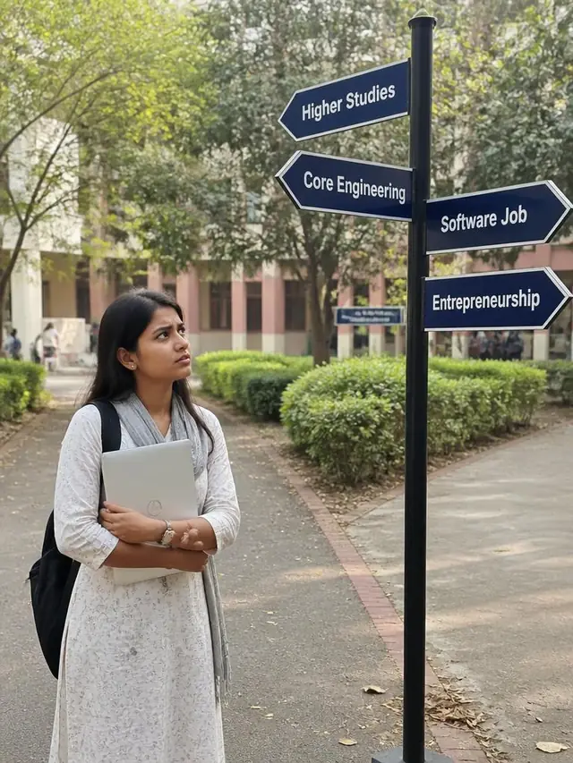 Engineering graduate standing at a signpost of career directions on campus