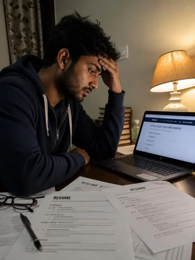 Graduate at home applying to jobs late at night with printed resumes on the desk
