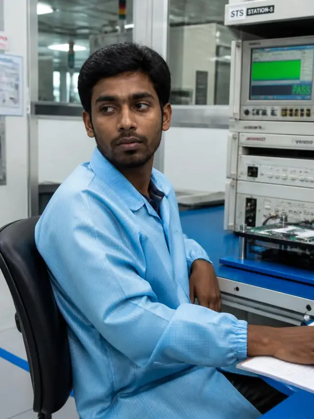 Engineer in an ESD coat doing repetitive validation work in a test lab