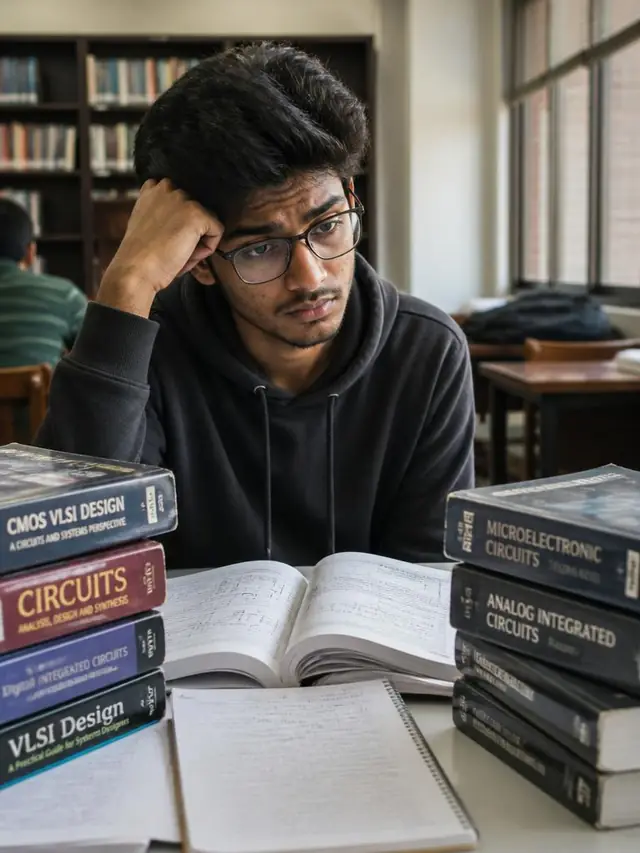 Engineering student surrounded by VLSI and circuits textbooks in a college library